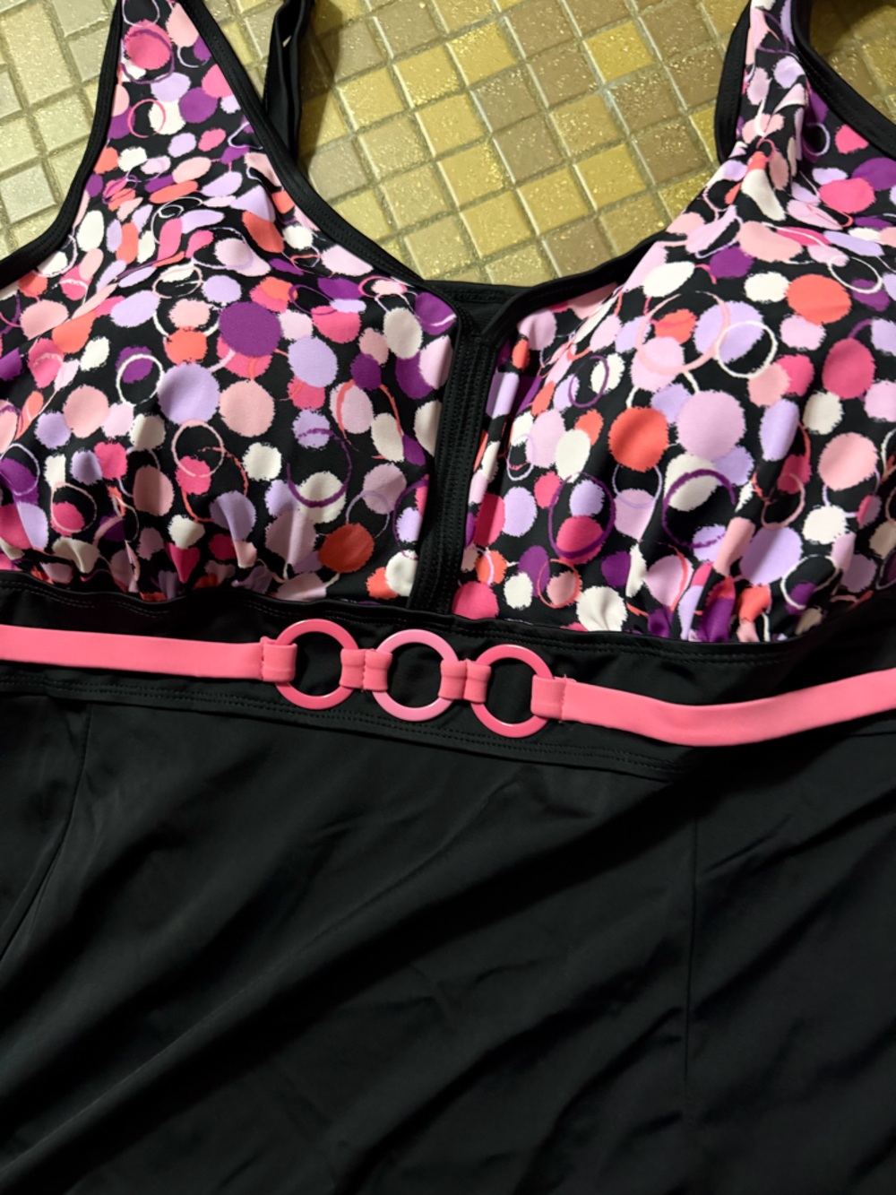 Black Swimsuit with Pink Trim and Multi-Colored Dot Print